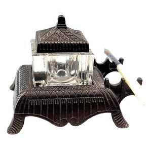 Eastlake Inkwell Glass Insert & Sterling Mother of Pearl Dip Pen Victorian Desk